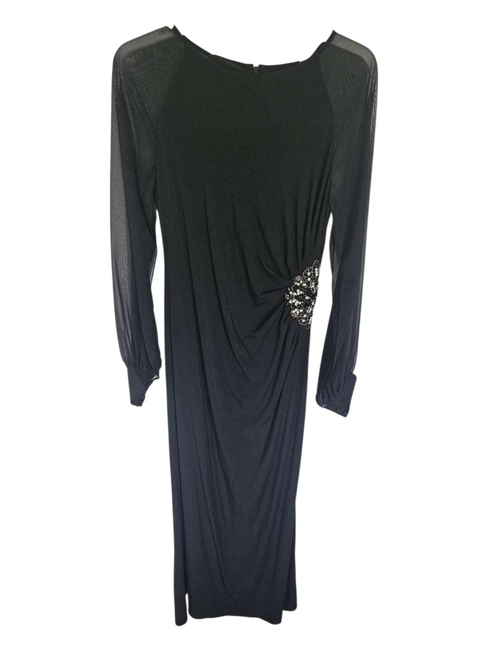Eliza J Black Long Sleeve Evening Gown with Jeweled Side Accent